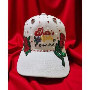 Delta Sigma Theta Baseball Cap White with Red Rhinestones &‎ White Pearls